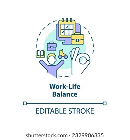 Work life balance concept icon. Take break. Avoid burnout. Time management. Flexible work. Mental health support abstract idea thin line illustration. Isolated outline drawing. Editable stroke