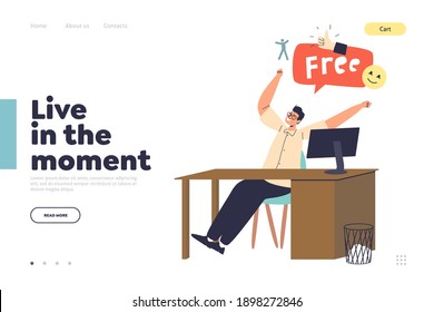 Work life balance concept of landing page with happy male office worker cheering at friday and weekend. Excited manager cheerful and free for rest at end of week. Cartoon flat vector illustration