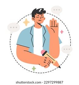 Work life balance concept. Male character setting personal boundaries. Personal space, nonverbal communication. Modern lifestyle body and mind harmony. Flat vector illustration