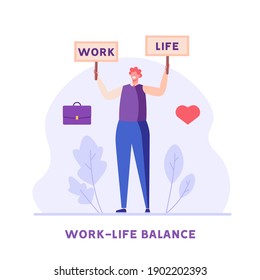 Work Life Balance Concept. Man Choosing between Career or Family on the Sale. Choose between Business and Relationship, Money or Love. Equality Concept. Vector illustration for Web Design