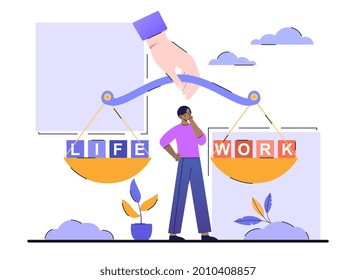 Concepto de equilibrio de vida laboral. El hombre mantiene un equilibrio entre su carrera y su familia. Selección y asignación de tiempo. Comparación del tiempo invertido. Dibujo vectorial plano de dibujos animados sobre un fondo blanco