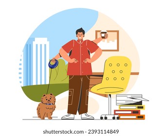 Work life balance concept. Man with coffee cup and dog at leash. Employee in home. Time management and prioritization. Cartoon flat vector illustration isolated on white background