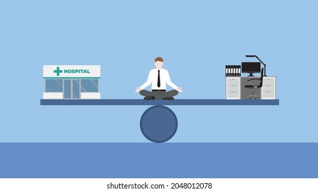 Work Life Balance Concept. Meditation Businessman Sitting Cross-legged At Center Of Seesaw Between A Doctor With Hospital And Working Desk. A Balanced Business Lifestyle Of Health Care And Work Hard.