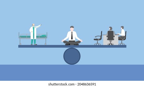 Work Life Balance Concept. Meditation Businessman Sits And Thinks At The Center Of Seesaw Between A Doctor With A Hospital Bed And Office Meeting. A Business Lifestyle Of Health Care And Work Hard.