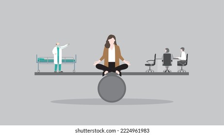 Work life balance concept. A meditation woman sits and thinks at the center of seesaw beam between a doctor with a hospital bed and office meeting. A business lifestyle of health care and work hard.