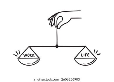 work and life balance concept. scales are in balance doodle hand drawn icon. Outline drawing work and life balance line clipart symbol. Vector illustration