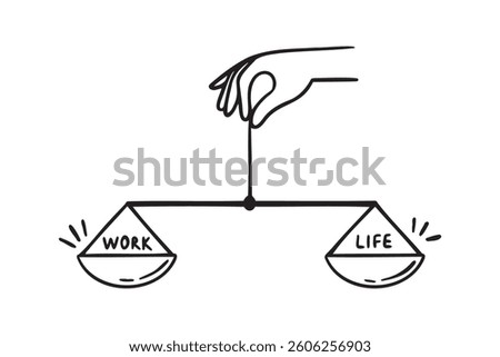 work and life balance concept. scales are in balance doodle hand drawn icon. Outline drawing work and life balance line clipart symbol. Vector illustration