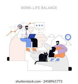 Work Life Balance concept. A serene depiction of managing professional tasks alongside personal relaxation in a remote work setting. Work and well-being in harmony. Vector illustration.