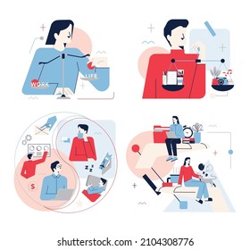 Work Life Balance Concept Set. Career And Personal Life On A Scales. Equilibrium Between Rest And Job. Abstract Comparison Of Time Spent. Flat Vector Illustration