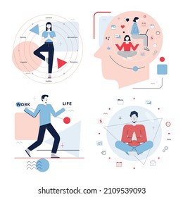 Work life balance concept set. Career and personal life on a scales. Equilibrium between rest and job. Abstract comparison of time spent. Flat vector illustration