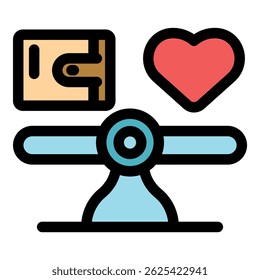 Work life balance concept showing a wallet and a heart balancing on a scale, choosing love over money