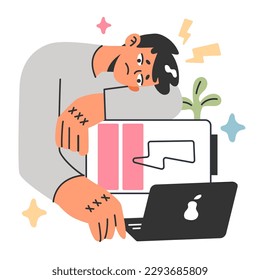 Concepto de equilibrio de vida laboral. Hombre cansado en la oficina. Empleado con falta de energía y batería de baja vitalidad. Estilo de vida moderno, que establece límites entre el trabajo y el yo. Ilustración vectorial plana