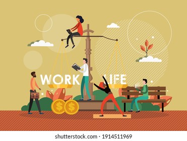 Konzept des Arbeitslebens, Vektorgrafik. Skalieren Sie mit Arbeitszeichen auf einer Seite und Lebenszeichen auf einer anderen Seite. Geschäftswelt und Lebensmanagement