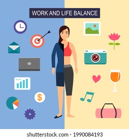 Ilustración vectorial del concepto de equilibrio de vida y trabajo. La mitad mujer con traje con icono de negocios y la otra mitad mujer con icono de actividades relajantes en diseño plano.