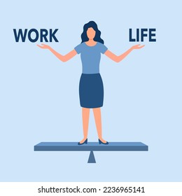 Work life balance concept vector illustration. Female standing on scale in flat design.