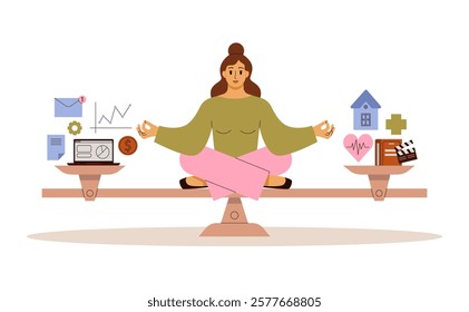 Work life balance concept. Woman  takes a harmony between job and rest on scales. Flat vector illustration.