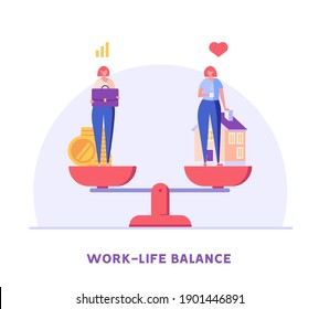 Work Life Balance Concept. Women Choosing between Career or Family on the Sale. Choose between Business and Relationship, Money or Love. Equality Concept. Vector illustration for Web Design