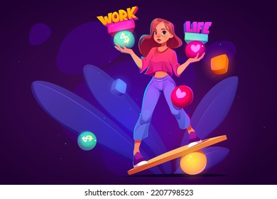 Work and life balance concept with young girl balancing on teeterboard with heart and dollar sign in hands. Choice between career and family, freelance abstract metaphor Cartoon vector illustration