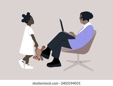 Work life balance, the confident African woman is focused on typing on her laptop, seated comfortably in a chair, Her granddaughter approaches, holding a toy and eager to play with her