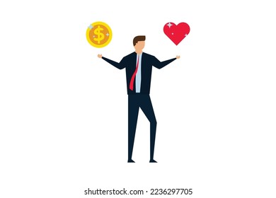 Equilibrio de vida laboral, confunde a un empresario con una moneda grande con la palabra trabajo y forma de corazón de vida en otra mano