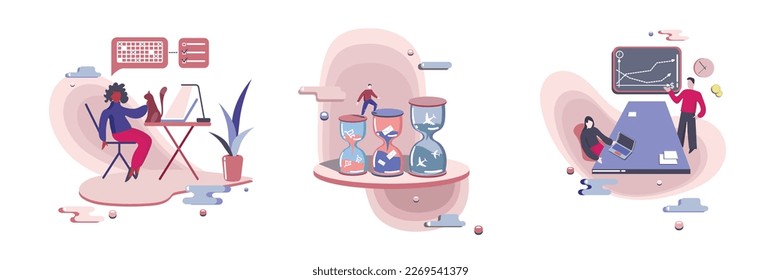 Work and life balance, daily routine color 2d vector graphic. Woman with laptop and cat on her table flat art set. Man stepping on sand clock, office workers at conference isolated illustration