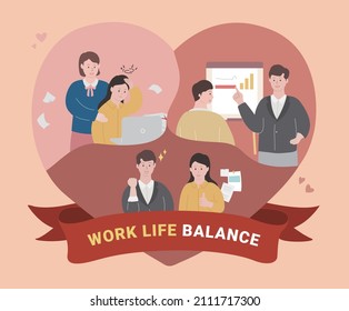 work life balance employees who are suffering from overdue work and fellow employees who encourage them illustration set.  paper, campaign, report, desk, office. Vector drawing. Hand drawn style.