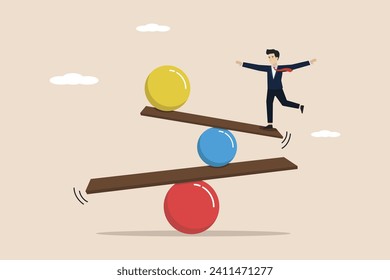 Work life balance, equality or weight between working for money and life happiness, health, success and healthy lifestyle concept,smart businessman strikes a balance.