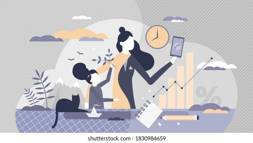 Equilibrio en la vida laboral de la mujer como niño o concepto de persona diminuta en la elección de carrera. Madre con hijos y llamadas telefónicas de la ilustración del vector de trabajo. Escenario de rutina de decisiones diarias de administración de tiempo y prioridades