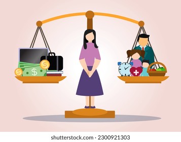 Vereinbarkeit von Beruf und Privatleben flaches Design, Konzept der Vereinbarkeit von Beruf und Familie, beschäftigte Frau Mutter, Vektorgrafik, Gleichgewicht der Hausfrauen in der Verwaltung der Hausarbeit und der Karriere, Hausfrauen mit ihrer Arbeit und Familie