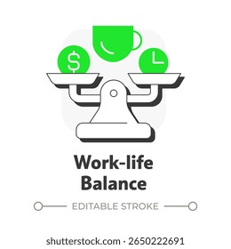 Ícone de conceito de contorno plano de equilíbrio da vida útil do trabalho. Saúde, saúde mental. Produtividade do funcionário. Gerenciamento de tempo. Ilustração de linha moderna com glifos verdes. Visual conceitual. Fácil de editar