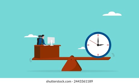 work life balance, flexible working hours, time management for work, businessman working on desk with seesaw and clock balance concept vector illustration