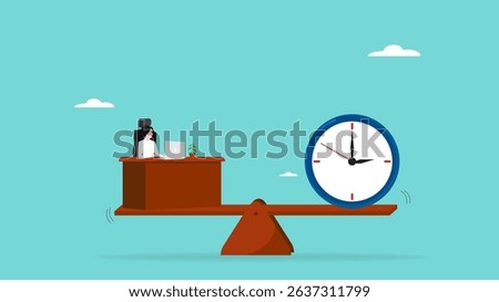 work life balance, flexible working hours, time management for work, businesswoman working on desk with seesaw and clock balance concept vector illustration