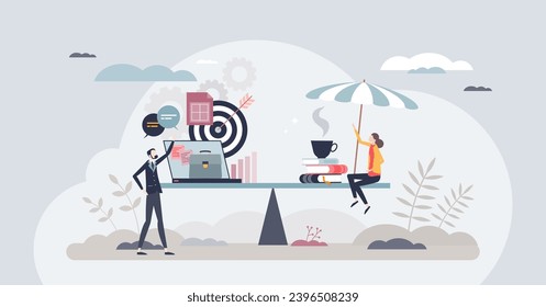 Work life balance for Gen Z with work and leisure harmony tiny person concept. Weights with professional business career objectives or personal life and wellness vector illustration. Compare priority