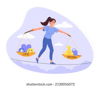 Equilibrio de vida laboral. Las niñas eligen entre la carrera y la vida personal. Decisión difícil, equilibrio de caracteres en el subproceso. Madre o empresaria, anfitriona o empresaria. Dibujo vectorial plano de dibujos animados