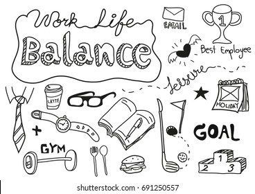 Work life balance, hand-drawn doodle, office worker concept of time management and goal setting to leisure and family, vector illustration.