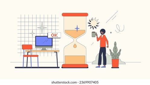 Work and life balance for healthy business management tiny person concept. Retro vector illustration with businessman in office leisure moment for stress reduction. Calm lifestyle with break from job