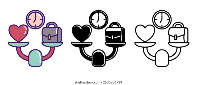 Work Life Balance icon represented by briefcase, love, scale Line, Filled, Color style.
