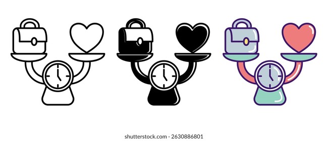 Work Life Balance icon represented by work bag and love on scale Line, Filled, Color style.