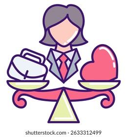 Work Life Balance icon represented by women, work bag and love in balance scale Lineal Color style.