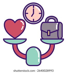 Work Life Balance icon represented by briefcase, love, scale Lineal Color style.