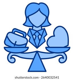Work Life Balance icon represented by women, work bag and love in balance scale Blue style.