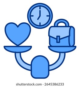 Icono de equilibrio de vida laboral representado por maletín, amor, escala estilo azul.
