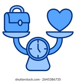 Icono de equilibrio de vida laboral representado por bolsa de trabajo y amor a escala estilo azul.