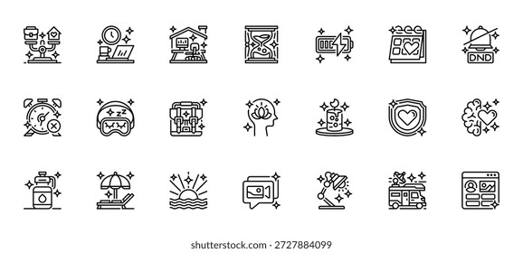Icono de línea de conjunto de iconos de equilibrio de vida laboral, símbolo de contorno para la productividad del Profesional, el bienestar personal, la gestión del tiempo, la salud mental y la reducción del estrés. Icono de signo de Vector.