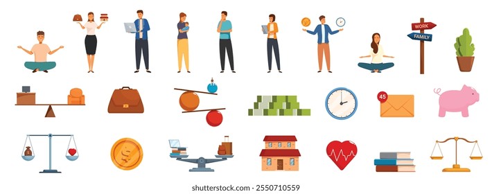 Conjunto de iconos de equilibrio de vida laboral. Las Personas están equilibrando varios aspectos de sus vidas, incluyendo el trabajo, la familia, la salud, el dinero y el tiempo personal, luchando por un equilibrio armonioso