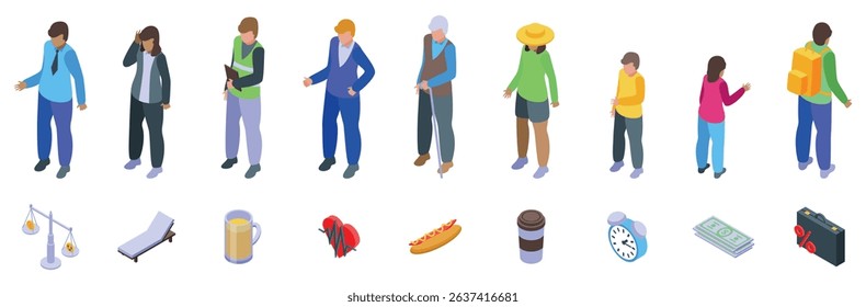 Work life balance icons set. Isometric set of homeless people representing poverty, social issues, and common objects associated with their daily lives