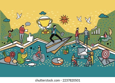 Work and life balance illustration, Businessman balancing with trophy, healthy success life.