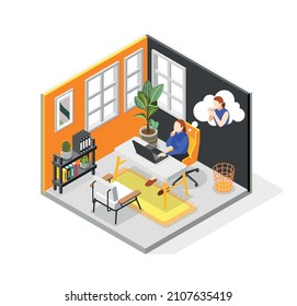 Work and life balance isometric composition with woman doing job in office and thinking of relaxation and cup of tea 3d vector illustration