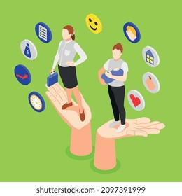Equilibrio de vida laboral concepto isométrico con dos mujeres de negocios de mano y madre con bebé sobre fondo verde Ilustración vectorial 3d