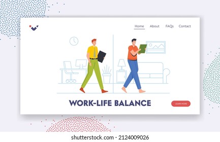 Work Life Balance Landing Page Template. Distant Working from Home, Flexibility Concept. Male Character Hybrid Work, Man at Separated Area Office and Home Interior. Cartoon People Vector Illustration